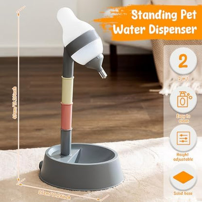 Dog Water Bottle Stand, Adjustable No Drip Dog Water Dispenser with Bowl, 2 in 1 Pet Bowls, Standing Pet Water Dispenser, Automatic Water Food Feeder with Detachable Pole for Your Pets (Gray)