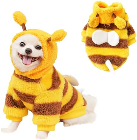 ANIAC Fleece Dog Hoodies with D-Ring Autumn Winter Puppy Clothes for Small Dogs Bumblebee Cat Apparel Cold Weather Coat Funny Doggy Bee Costume for Christmas Halloween (Yellow, Medium) by ANIAC