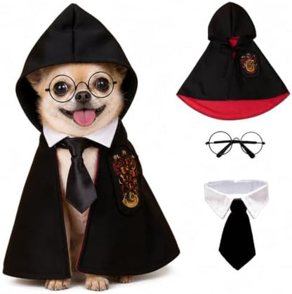 Small Dog Halloween Costumes - Adjustable Dog Cat Wizard Costume,Pet Hooded Cape Glasses Necktie Set,Puppy Kitten Halloween Costumes Boy Girl,Chihuahua Yorkie Clothes,Black Red Magician Cosplay Outfit by WizBBQT