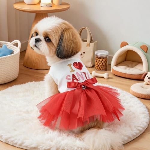 Handmade Floral Dog Dress with Bow, Princess Lace Pet Dress for Small Dogs and Cats, Lightweight Puppy Outfit M-Santa Small - Image 6