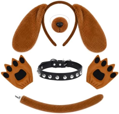 5Pcs Puppy Dog Costume Accessories Set Including Dog Ears Headband Nose Tail Gloves for Halloween Cosplay Party Supplies by Kuscul