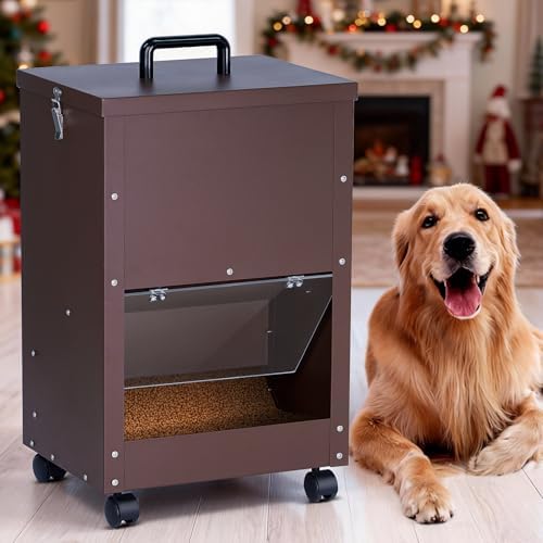 Automatic Dog Feeder Large Breed 45lb Outdoor Dog Food Dispenser for Large Dogs Self Feeding Galvanized Metal Dogs Pets Feeder Gravity Food Feed with Wheels (Brown)