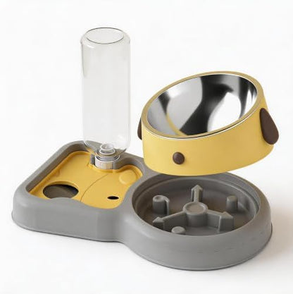 3-in-1 Dog Bowl with Automatic Water Dispenser & Slow Feeder, 15° Tilted Elevated Pet Bowl, Detachable Stainless Steel Food Bowl, Anti-Choking Maze for Small & Medium Dogs (Yellow)