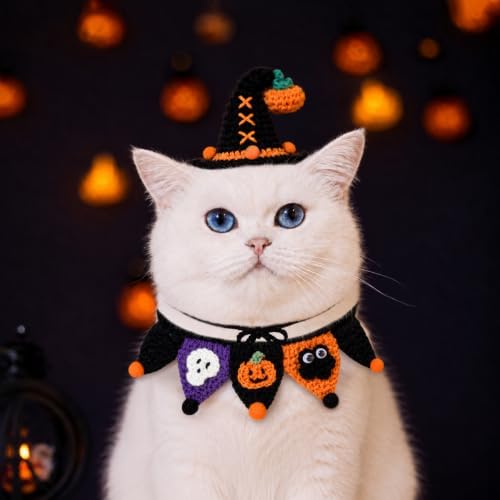 4 Pcs Halloween Cats Dogs Pets Crochets Handmade Collars Soft Wool Neck Collars with Hats Knitted Costume Photo Shoot Props Bibs for Multiple Family Matching Set (Cool Pumpkins) - Image 5
