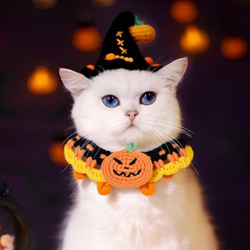 4 Pcs Halloween Cats Dogs Pets Crochets Handmade Collars Soft Wool Neck Collars with Hats Knitted Costume Photo Shoot Props Bibs for Multiple Family Matching Set (Pumpkin and Spider) - Image 2