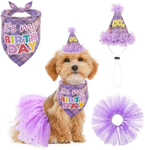 SCENEREAL Dog Birthday Bandana Hat with Dress Girl Set Party Supplies Plaid Puppy Birthday Outfit Cute Dog Tutus for Small Medium Lage Dogs, Purple Plaid by SCENEREAL
