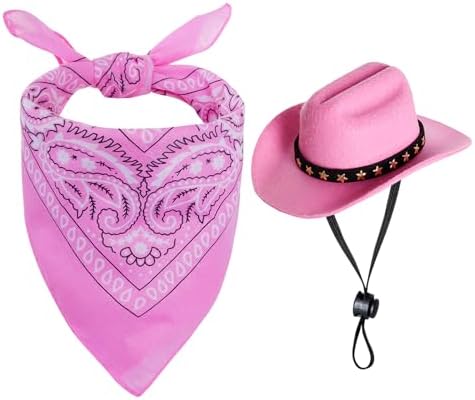 choyaxo Halloween Costumes for Dogs Cat Pet Cowboy Costume Cowboy Hat with Bandana Set for Halloween, Christmas, Holiday, Party, Cosplay (Pink, Small) by choyaxo