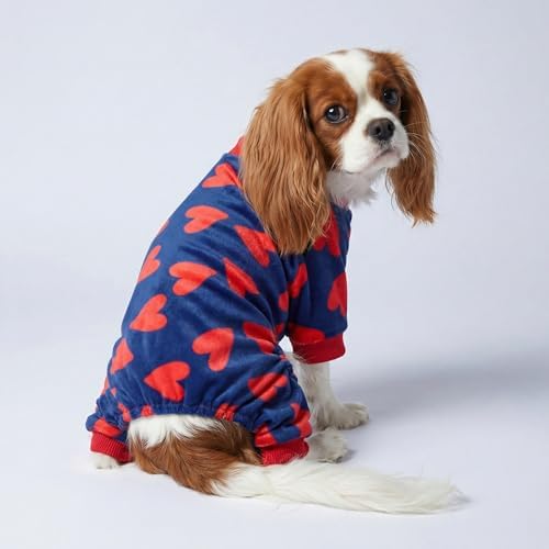 Fitwarm Valentines Day Sweet Hearts Dog Pajamas, Dog Winter Clothes for Small Dogs Girl Boy, Lightweight Velvet Pet Jumpsuit, Cat Onesie, Dark Blue, Red, Large - Image 2
