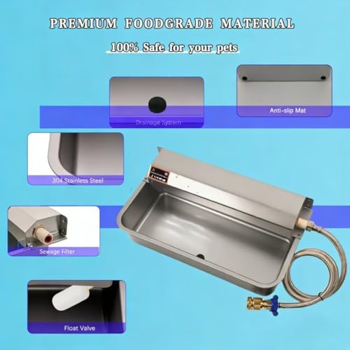 Automatic Dog Water Dispenser with Drain Hole, 304 Stainless Steel Auto Water Dog Bowl with Float Valve, Hose Quick Connect Fitting, Automatic Livestock Waterer for Horse, Chicken (2 Gallons)