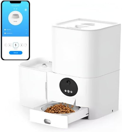 Smart Automatic Pet Feeder with Water Dispenser, WiFi Enabled, 2.4GHz/5GHz Compatible, Automatic Food Dispenser with Mobile App Control, Schedule Your Pets' Meal Times, White