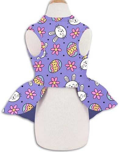 Easter Dog Dress Purple Bunny & Egg Pattern, Cute Spring Girl Puppy Skirt with Satin Bow, Soft Breathable Pet Clothes for Small Medium Dogs & Cats, Holiday Party Outfit Apparel - Image 2