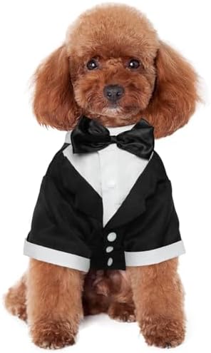 Kuoser Dog Tuxedo, Formal Dog Costume with Bow Tie Pet Wedding Suit Party Birthday Outfit, Dogs Tux Soft Shirt for Valentines Christmas Halloween Graduation Cosplay, Black XL by Kuoser