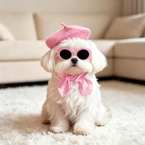 Dog Beret Scarf Glasses Pet French Beanie for Small Dogs Cats(Pink, Small) - Image 6