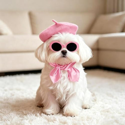 Dog Beret Scarf Glasses Pet French Beanie for Small Dogs Cats(Pink, Small) - Image 6