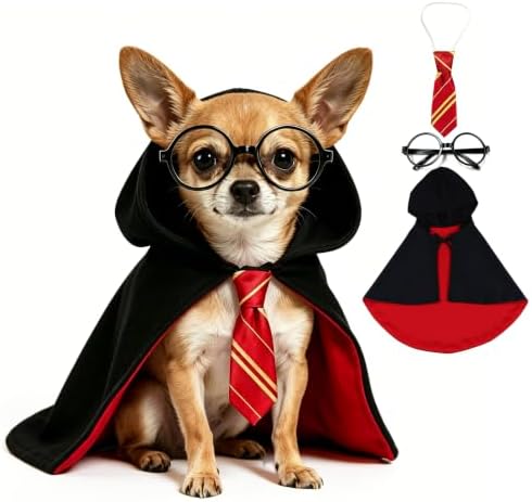 Small Dog Wizard Costume with Black Glasses Frame, Cute Puppy Halloween Costume Set with Magic Cloak and Scarf, Funny Pet Wizard Outfit for Small Dogs, Halloween Party, Cosplay, Photo Shoot by Gewonelife