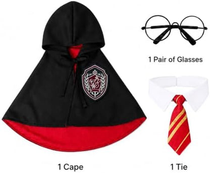 Dog Cat Wizard Costume, Halloween Pet Cape with Necktie & Glasses, S - Image 2