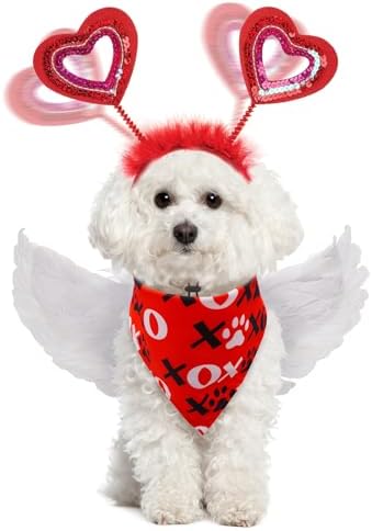 SCENEREAL Dog Valentine's Day Outfit, White Feather Wing & Heart Headband & Bandana Set, Red Puppy Kitty Party Supplies for Small Medium Dogs Cats, Pet Costumes by SCENEREAL