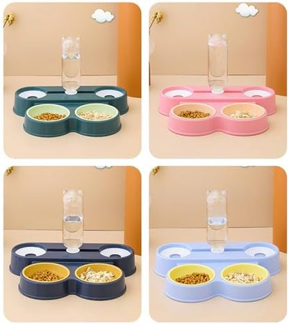4 in 1 Pet Food Feeders with Automatic Water Bottle Bowl, Double Bowl Dog Feeder Toy for Cats and Dogs