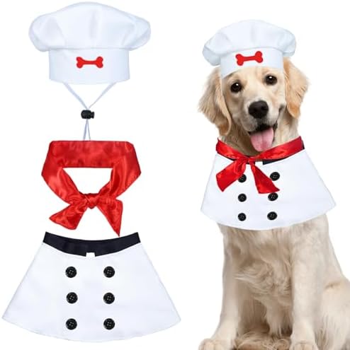 Dog Chef Costume - Dog Food Costume Adjustable Halloween Hat Outfit Red Scarf for Medium Large 35-70 lbs Halloween Party Photo Fits 16-23 Inch Neck by HAEFOOPartyDecorations