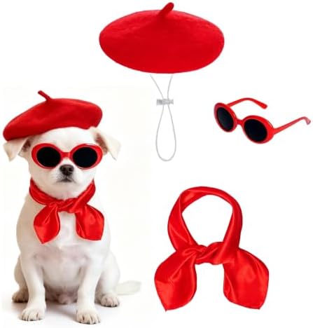 Dog Beret Scarf Glasses Pet French Beanie for Small Dogs Cats(Red, Small) by hoyuwak