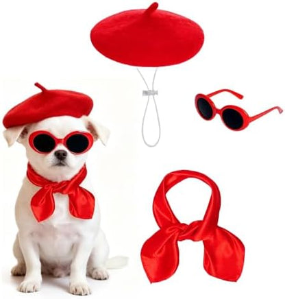 Dog Beret Scarf Glasses Pet French Beanie for Small Dogs Cats(Red, Small) by hoyuwak