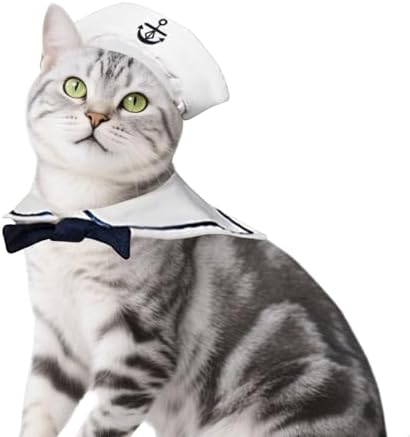 Cat Sailor Costume, Small Dog Sailor Hat with Sailor Collar Bow Tie, Cute Pet Halloween Cosplay Outfit for Cats Puppies Rabbits by PETLESO