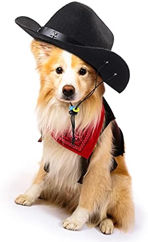 Yewong Pet Cowboy Costume Accessories Dog Cat Pet Size Cowboy Hat and Bandana Scarf West Cowboy Accessories for Puppy Kitten Party Festival and Daily Wearing Set of 2 (Black) - Image 6