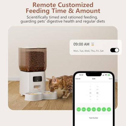 Cat Feeder Automatic, Automatic Cat Feeder WiFi with Remote Feeding Cat Food Dispenser for 2 Cats, 5L Pets Timed Automatic Feeders with Dual Power Supply