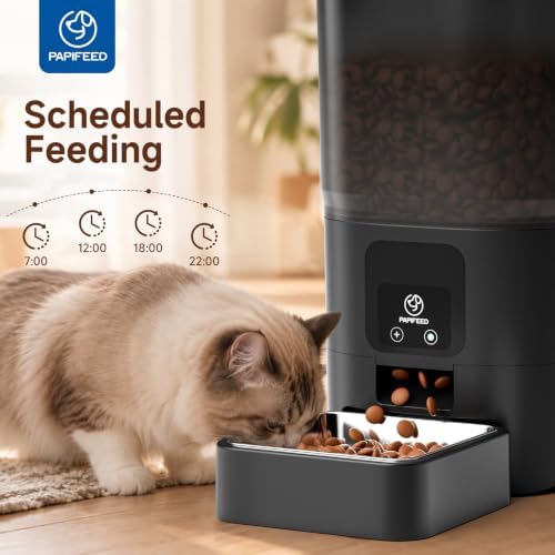 PAPIFEED Automatic Cat Feeder with App, 5G WiFi Auto Cat Feeder, 6L Slow-Feed Cat Food Dispenser for Dry Food, Dual Power Supply Timed Pet Feeder for Small Dog, 10 Meals/Day, 12 Portions/Meal, Black