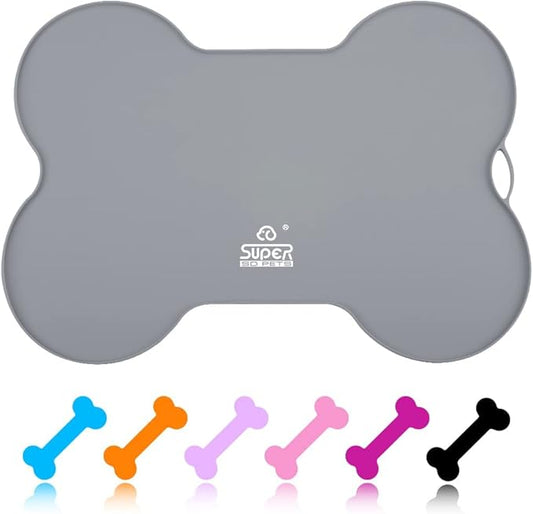 Super Design Dog Food Mat Dog Bowl Tray for Food and Water, Silicone Non-Spill Waterproof Pet Feeding Mat Puppy Placemat Easy-Clean, 20.5" x 14.5", Grey