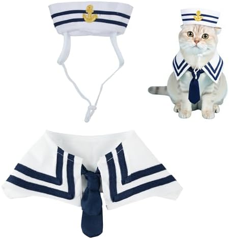 Lanyarco Cat Halloween Costumes Sailor Hat Collar Cape Costume Outfit for Cat Dog Pet Captains Dressing up Party (2PCS Set) by Lanyarco