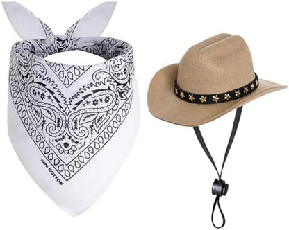 choyaxo Halloween Costumes for Dogs Cat Pet Cowboy Costume Cowboy Hat with Bandana Set for Halloween, Christmas, Holiday, Party, Cosplay (Khaki, Small) by choyaxo