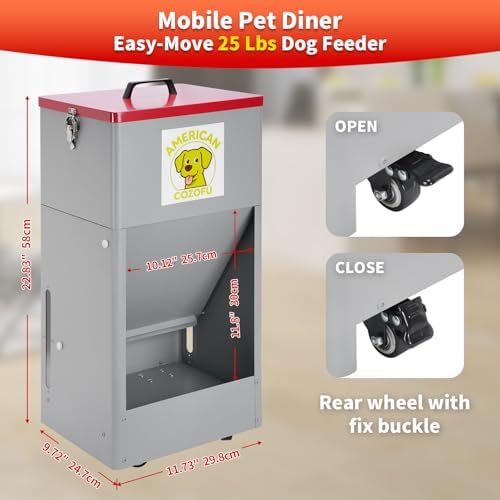 Automatic Dog Feeder with Wheels, 25lb Heavy Duty Galvanized Steel Gravity Food Dispenser - Easy to Move Rolling Pet Food Station for Indoor & Outdoor Use