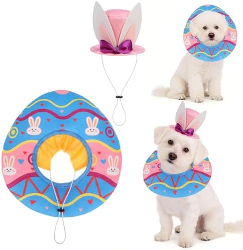 KOOLTAIL Dog Easter Outfit, Bunny Hat & Scarf Costumes Set for Small Medium Dogs,Funny Pet Holiday Rabbit Easter Egg Design Collar Headband, Puppy Large Cat Cosplay Party Apparel Accessory,Pink&Blue M by KOOLTAIL