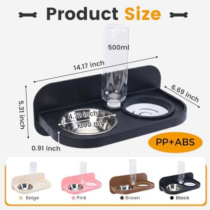 Dog Cat Bowls Wall Mounted Stainless Steel 2 in 1 Feeding Bowl, Automatic Refill Water Dispenser Anti Spill Design for Small Kittens Pet Puppies, Black