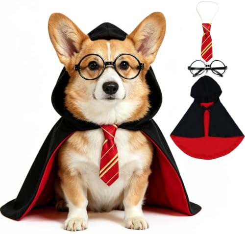 Large Dog Wizard Costume with Black Glasses Frame, Funny Halloween Dog Costume Set with Wizard Cloak and Scarf, Magic Pet Outfit for Large Dogs, Halloween Party, Cosplay, Photo Props by Gewonelife