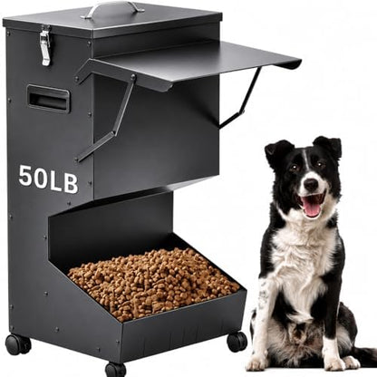 Willinglong 1 Pcs Automatic Large Dog Feeder with Lid and Wheels Outdoor 50 Lbs Self Feeding Pet Food Dispenser for Large Breed Dogs Pets