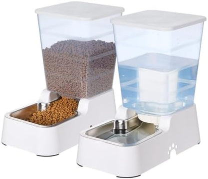 Automatic 5.4L/1.4Gal Pet Waterer, Automatic Dog Water Dispenser Gravity Stainless Steel Water Feeder, Large Capacity Feeding Bowls for Cats and Medium & Large-Sized Dogs (White, Food+Water)