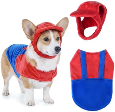 Dansydaisy Dog Halloween Costume Set Funny Red Overalls Outfit with Hat Retro Buddy Themed Dog Clothes for Cosplay Party(Large) by Dansydaisy