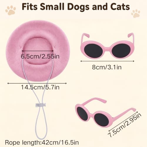 Dog Beret Scarf Glasses Pet French Beanie for Small Dogs Cats(Pink, Small) - Image 2