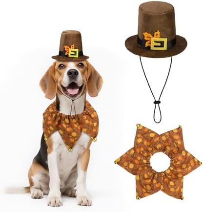 Dog Thanksgiving Costume,Thanksgiving Collar Hat Set Pets Puppy Cat Halloween Outfit Apparel Cosplay,Dog Collar with Bells and Funny Hat Accessories Decoration for Small Medium Dogs 2 Pcs,Brown by PAWCHIE