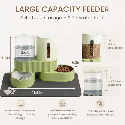Gravity Cat Feeder 2 Pack Automatic Food Feeder and Water Dispenser Set Detachable Pet Bowl with Silicone Mat for Cats Small Medium Dogs, Large Capacity(Green)