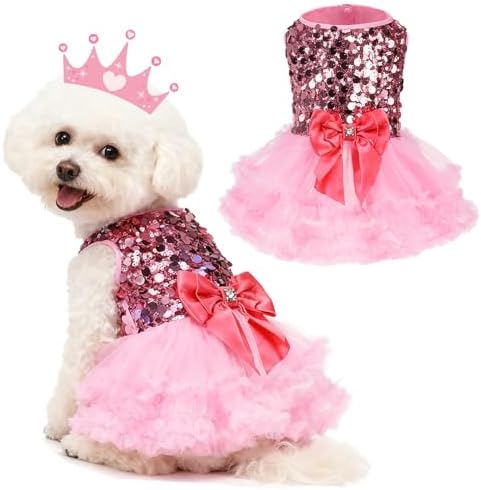 SCENEREAL Pink Dog Dress Princess Costume, Sparkly Tutu Dresses Bowknot Vest Funny Pet Halloween Costumes, Puppy Queen Outfit Christmas Birthday Clothes for Small Medium Girl Dogs Large Big Cats M by SCENEREAL