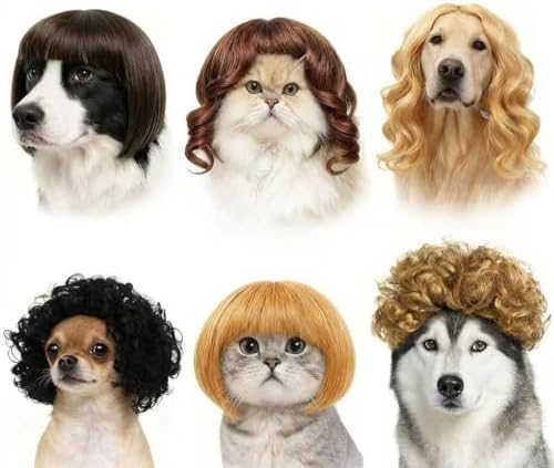 6 Pack Funny Cat and Dog Wigs, Soft Pet Cosplay Costume with Adjustable Straps, for Halloween Christmas Party Dress-Up, Ideal Gift for Pet Lovers by WCCDXGP