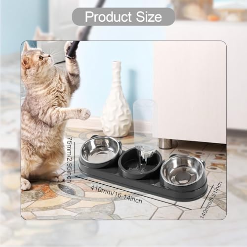 Triple Cat Bowls Pet Feeder with Water Dispenser 15° Tilted Wet and Dry Food Bowl Set for Small Dogs and Cats- Dark Gray