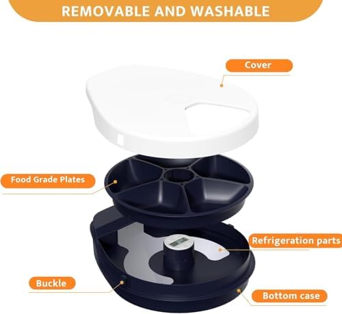 UBPET Cat Wet Food Automatic Feeder with Cooling, Semiconductor Refrigeration, with Timer, 5 Food Compartments for 330g Pet Food Each, Premium Meal Plates, Washable, for Cats
