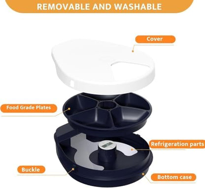 UBPET Cat Wet Food Automatic Feeder with Cooling, Semiconductor Refrigeration, with Timer, 5 Food Compartments for 330g Pet Food Each, Premium Meal Plates, Washable, for Cats