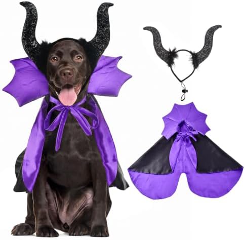 2 Pcs Dog Halloween Costume Set Cat Witch Vampire Cape Devil Horns Hat Holiday Clothes for Cat Puppy Halloween Party Pet Outfits (Purple) M by CooShou