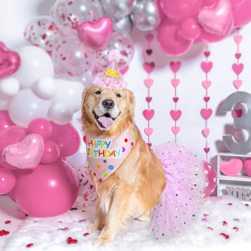 SCENEREAL Dog Birthday Bandana with Hat and Dress Girl Set, Large Dog Birthday Party Supplies, Cute Pink Tutu Skirt Outfit for Medium Large Dogs - Image 3