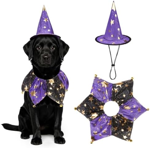 PAWCHIE Dog Halloween Costume,Halloween Collar Hat Set Pets Puppy Cat Halloween Outfit Apparel Cosplay, Dog Collar with Bells and Funny Hat Accessories Decoration for Small Medium Dogs 2 Pcs, Purple by PAWCHIE